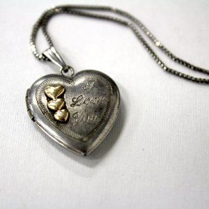 14k Gold Hearts on 925 Silver Heart Locket W/Chain